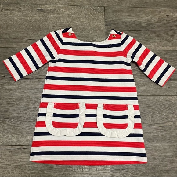 Janie and Jack Girls' Nautical Striped Patch Pocket Dress Red White Blue Sz 2T - Picture 1 of 7
